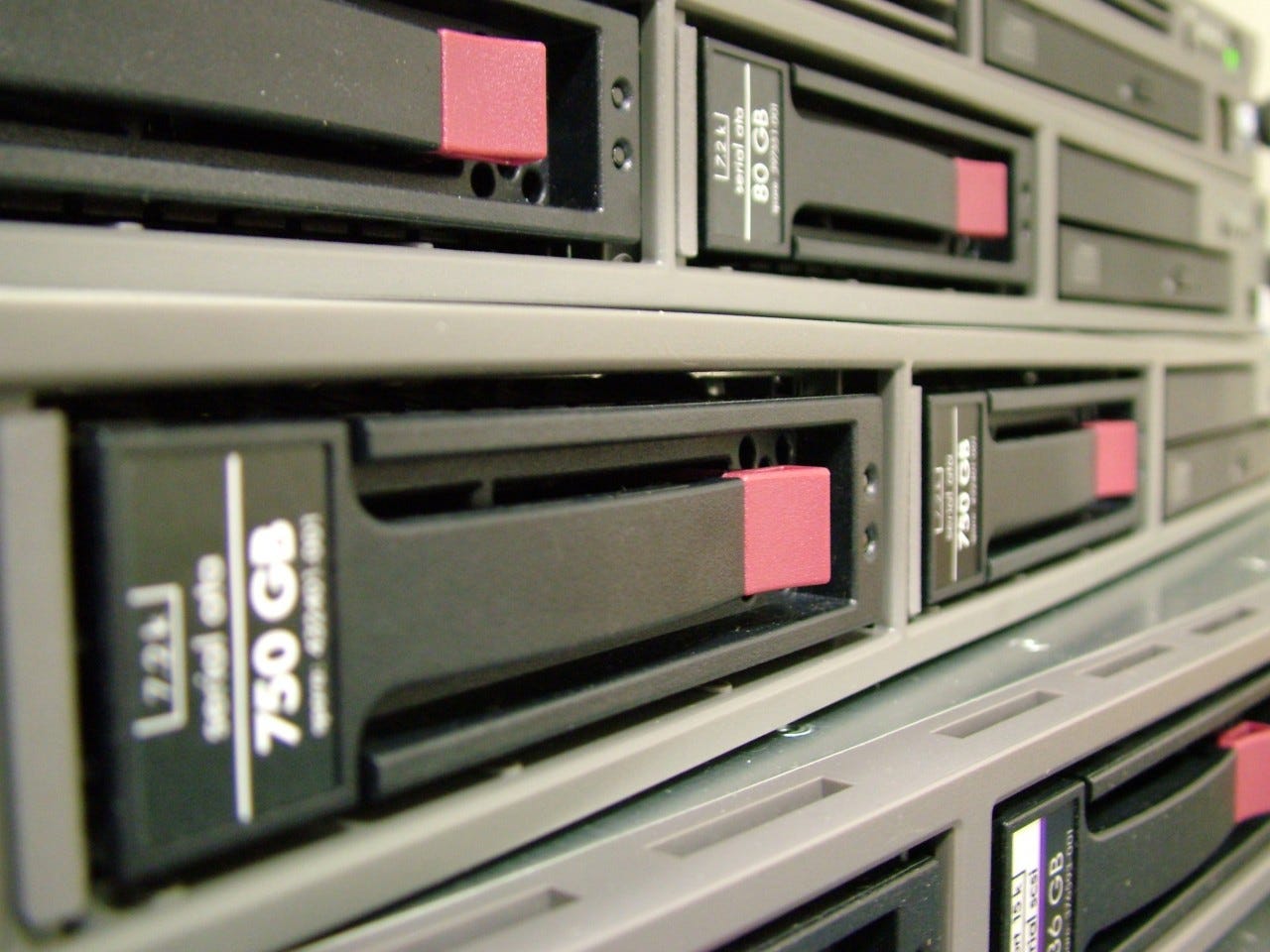 Close-up of rack-mounted server drive bays, their labels reading 750 GB SATA, each with a red release tab.