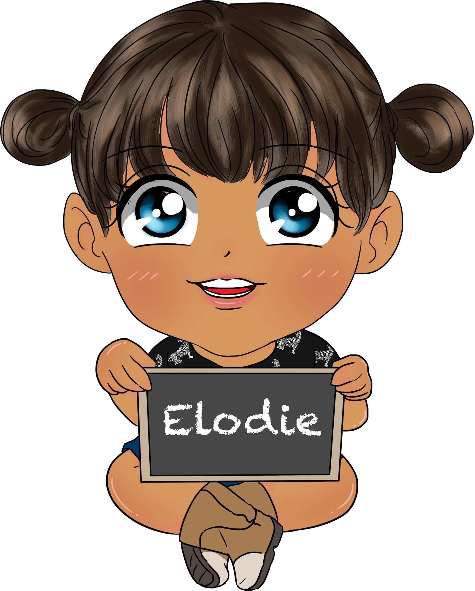 The Elodie mascot: a cartoon girl with her hair in buns, holding a small chalkboard reading Elodie.