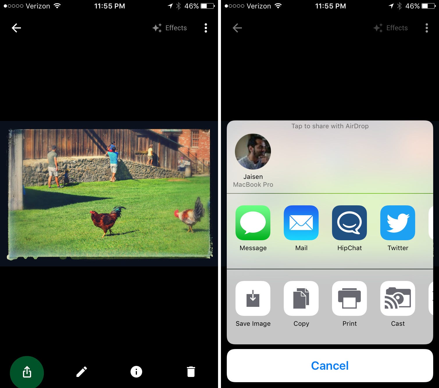 A “stylized” photo created by Assistant being exported to Elodie using AirDrop.