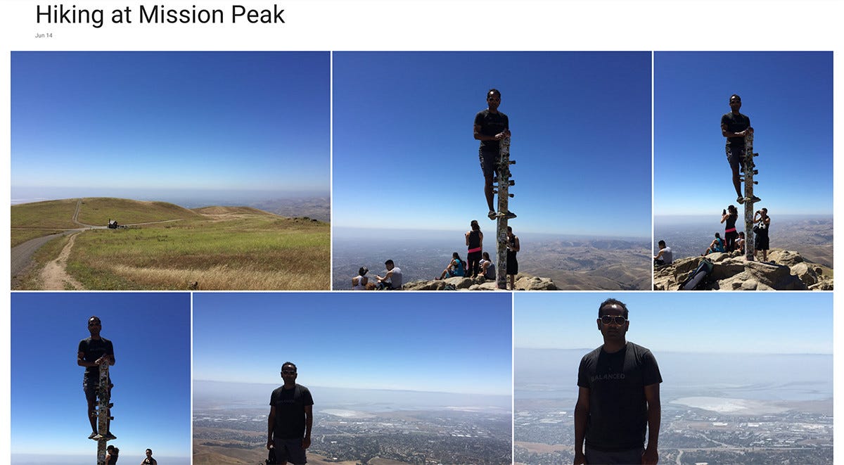 An album in I created using Elodie of a hike to Mission Peak which I can view through Google Photos.