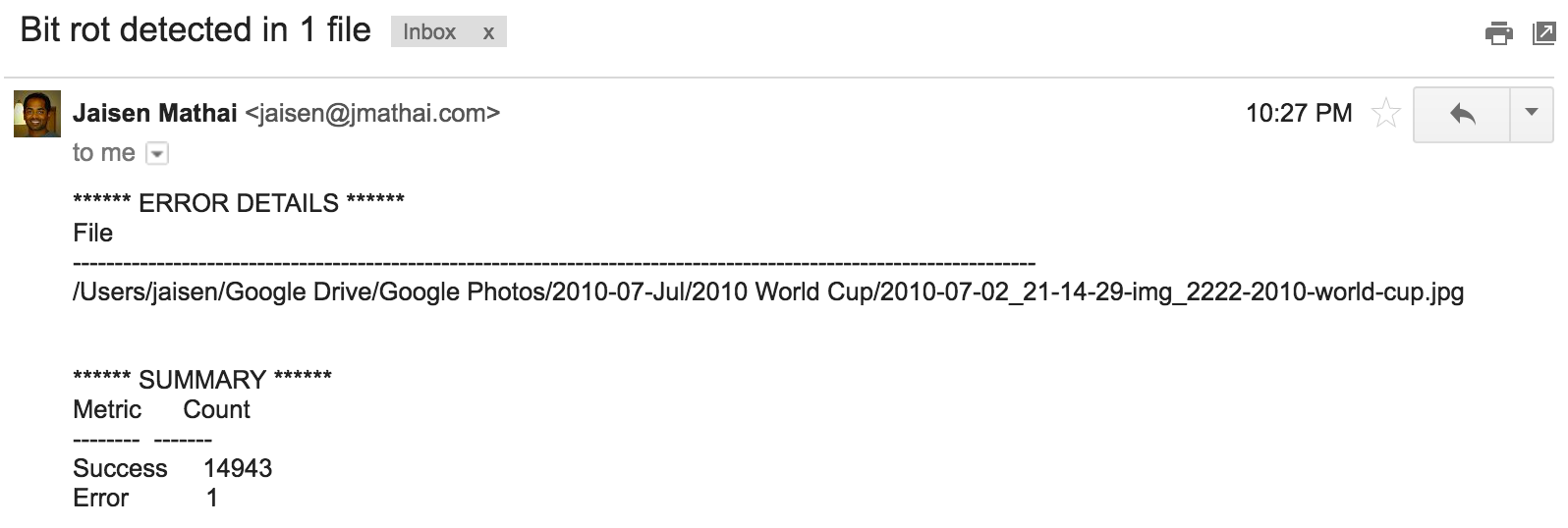 An email I got when bit rot was detected in one of my photos
