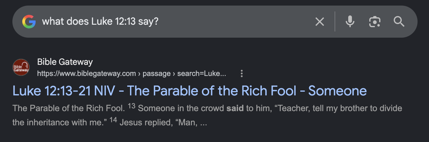 The same Google search showing a Bible Gateway result linking to Luke 12:13-21